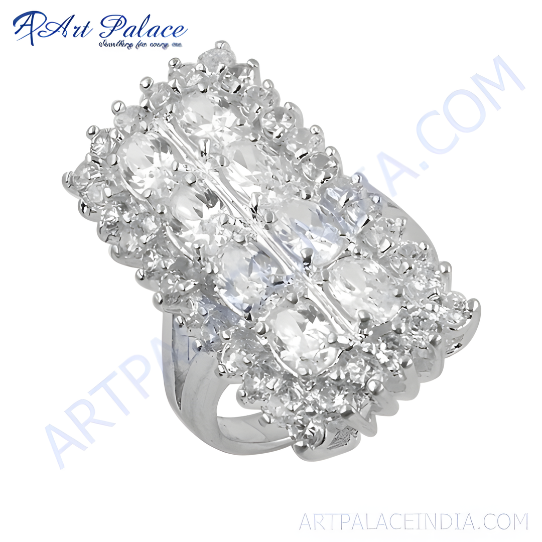 Silver cocktail ring with multiple white cubic zirconia stones, a statement piece for women.