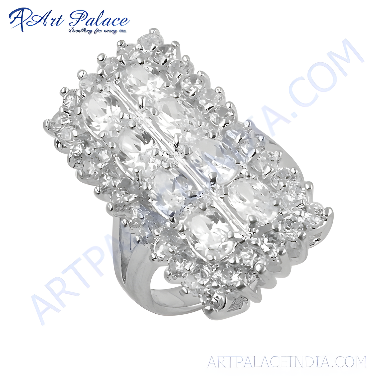 Silver cocktail ring with multiple white cubic zirconia stones, a statement piece for women