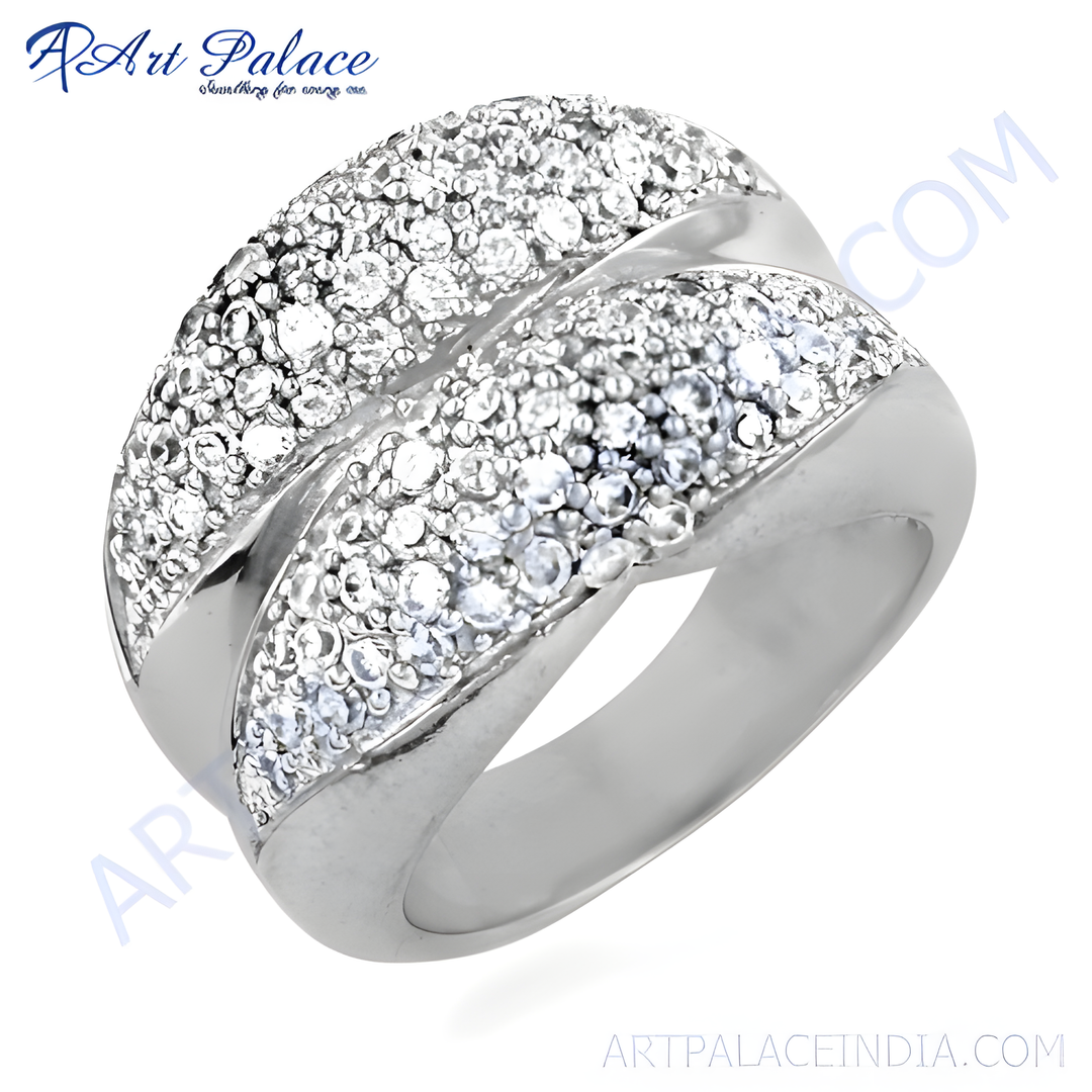 Silver ring with pave-set cubic zirconia stones, perfect for a modern and elegant look.