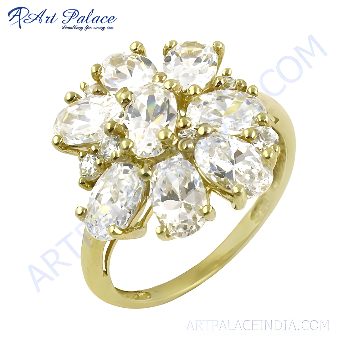 gold plating ring with a flower design of sparkling white cubic zirconia stones.