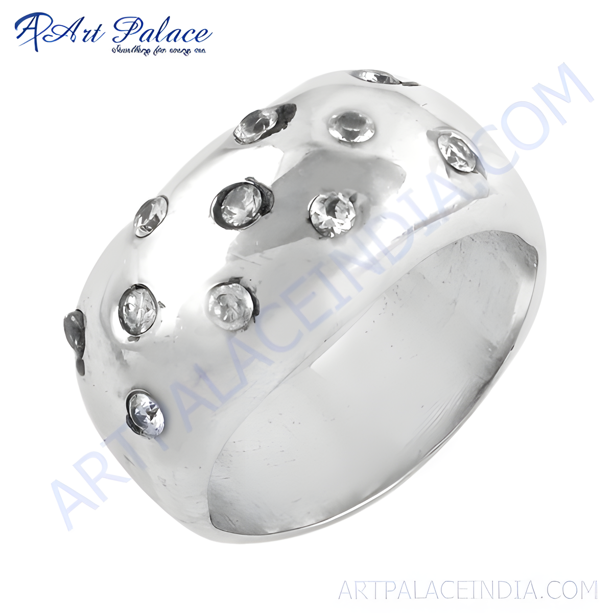 A round silver ring with multiple clear cubic zirconia stones embedded in the surface, perfect for women