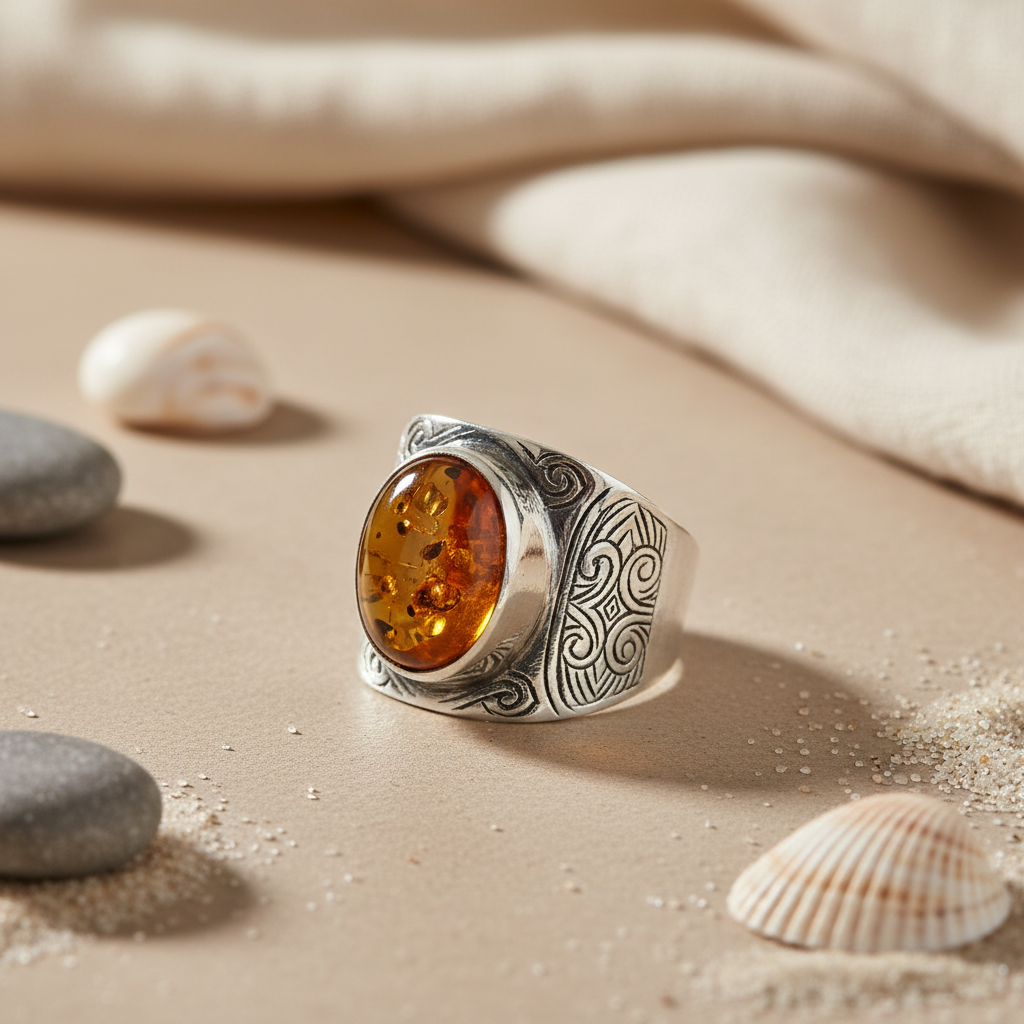 925 Silver Amber Ring for Men | Statement Jewelry Gift