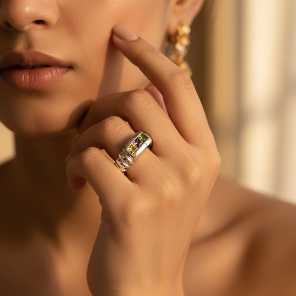 Silver gemstone ring for women | square cut stones