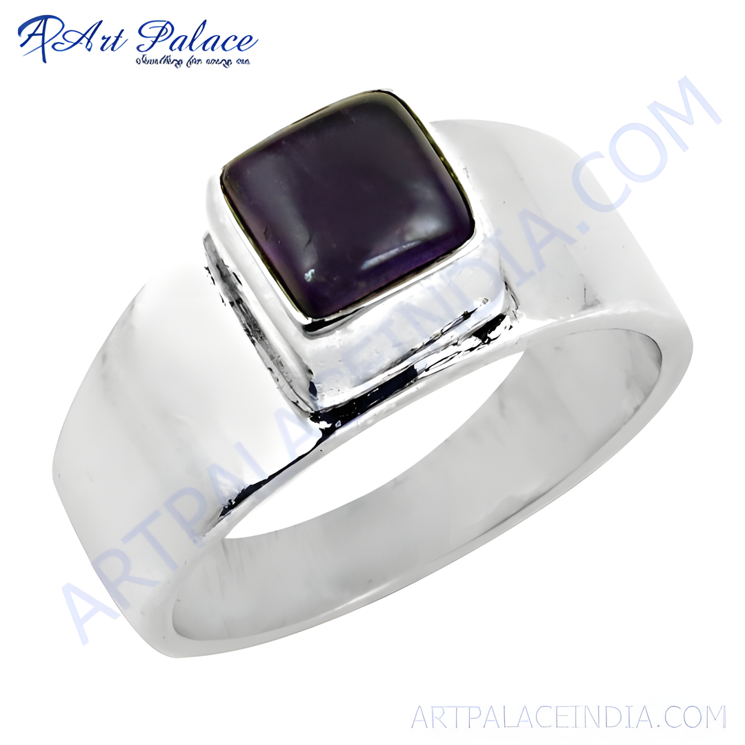 Sterling silver men's ring with a square-cut, deep purple amethyst gemstone set in a polished silver band.