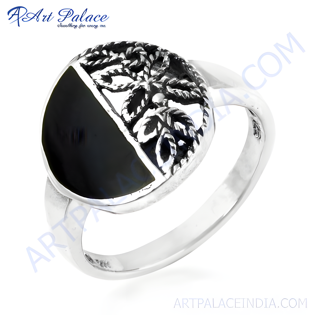 Sterling silver ring with a polished black onyx stone in a unique floral design