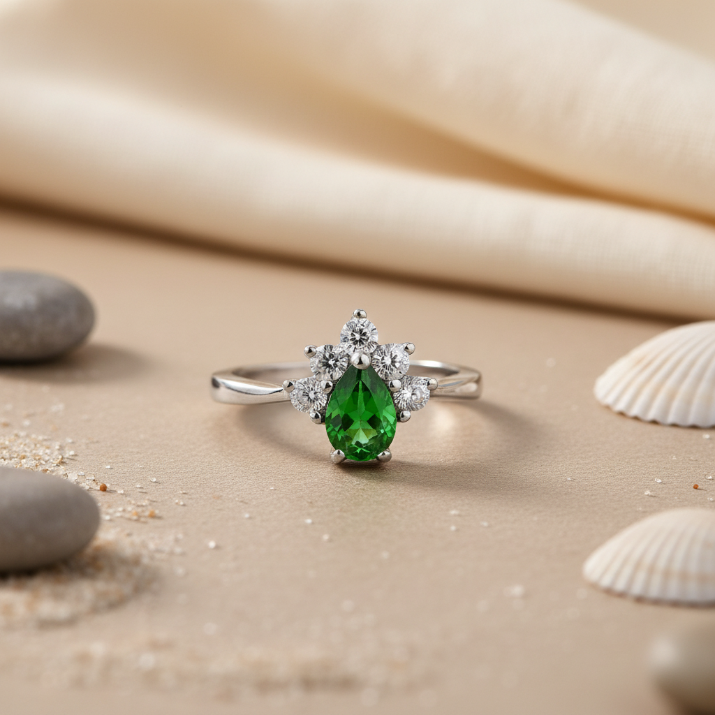 Anillo de plata con esmeralda para mujer | Anillo con piedra preciosa talla pera