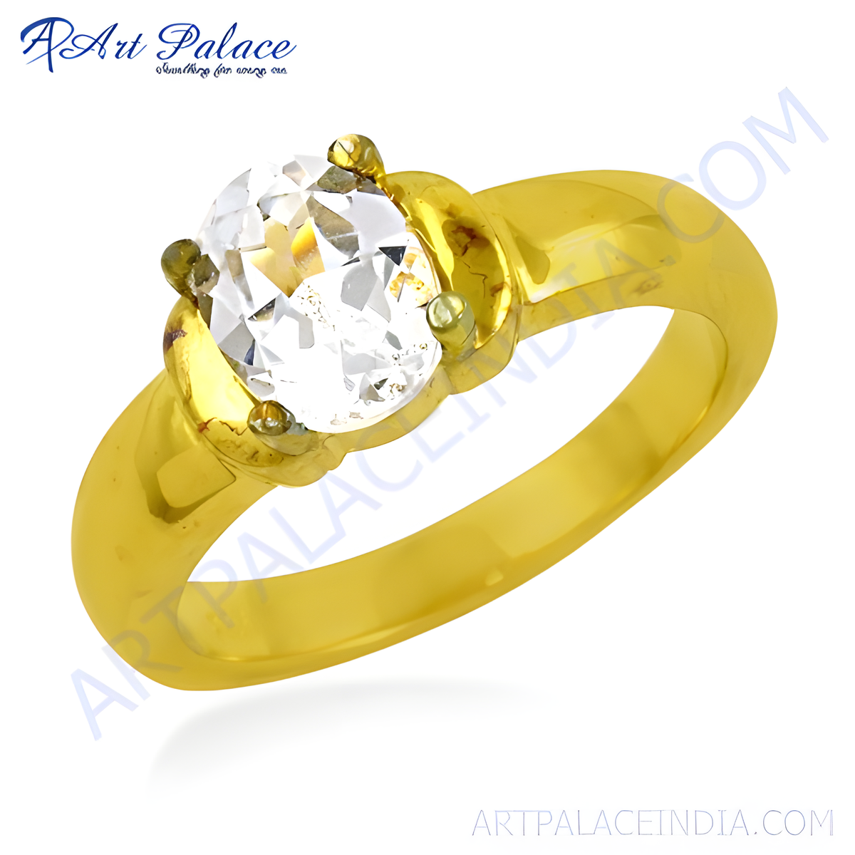 Gold plating ring with a large, oval cut white gemstone, showcasing a classic design