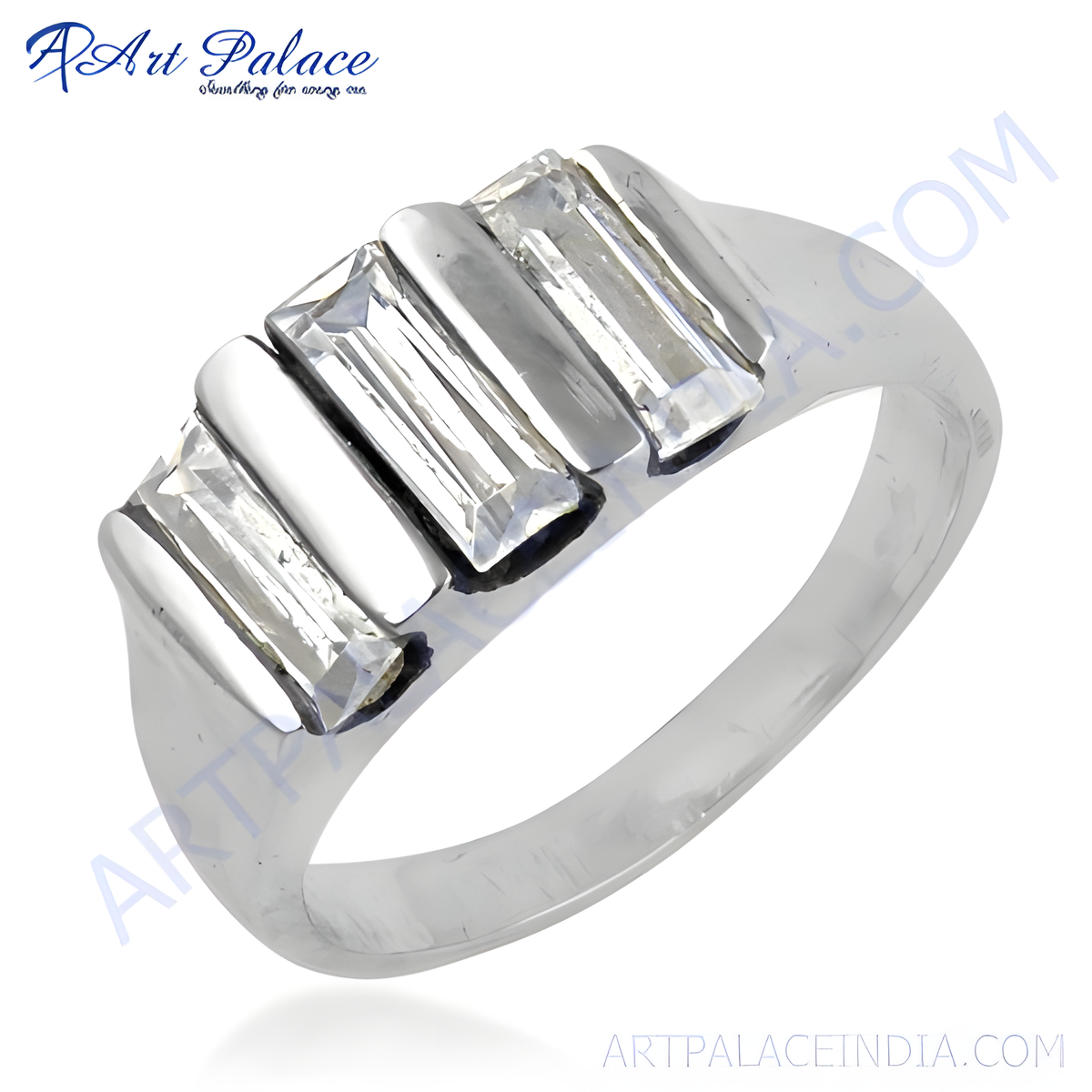 Sterling silver ring with baguette cut white cubic zirconia stones, a modern and elegant design