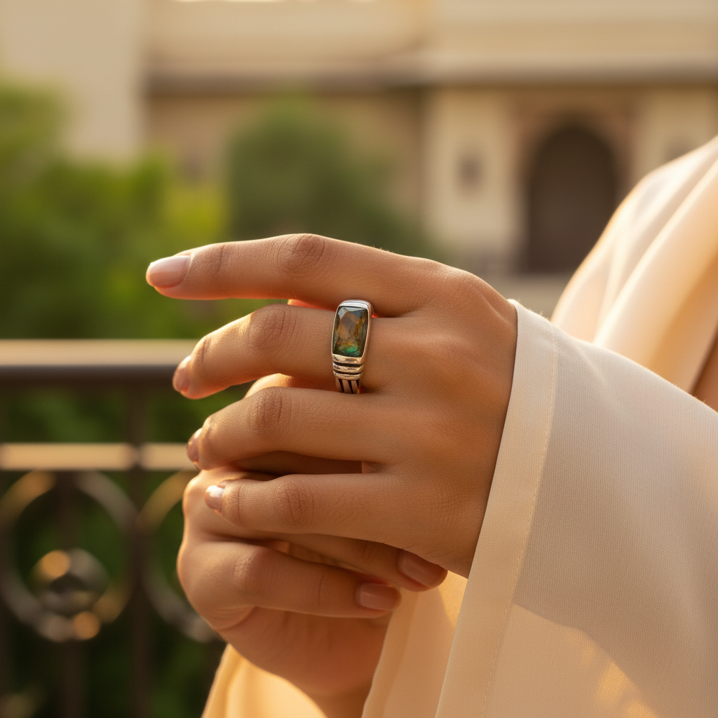 925纯银戒指，镶嵌绿色宝石，女士款