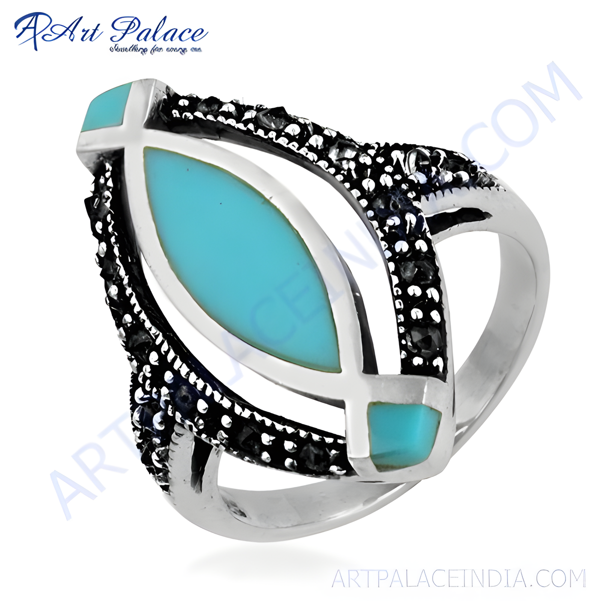 Sterling silver ring with a large turquoise gemstone and black accents