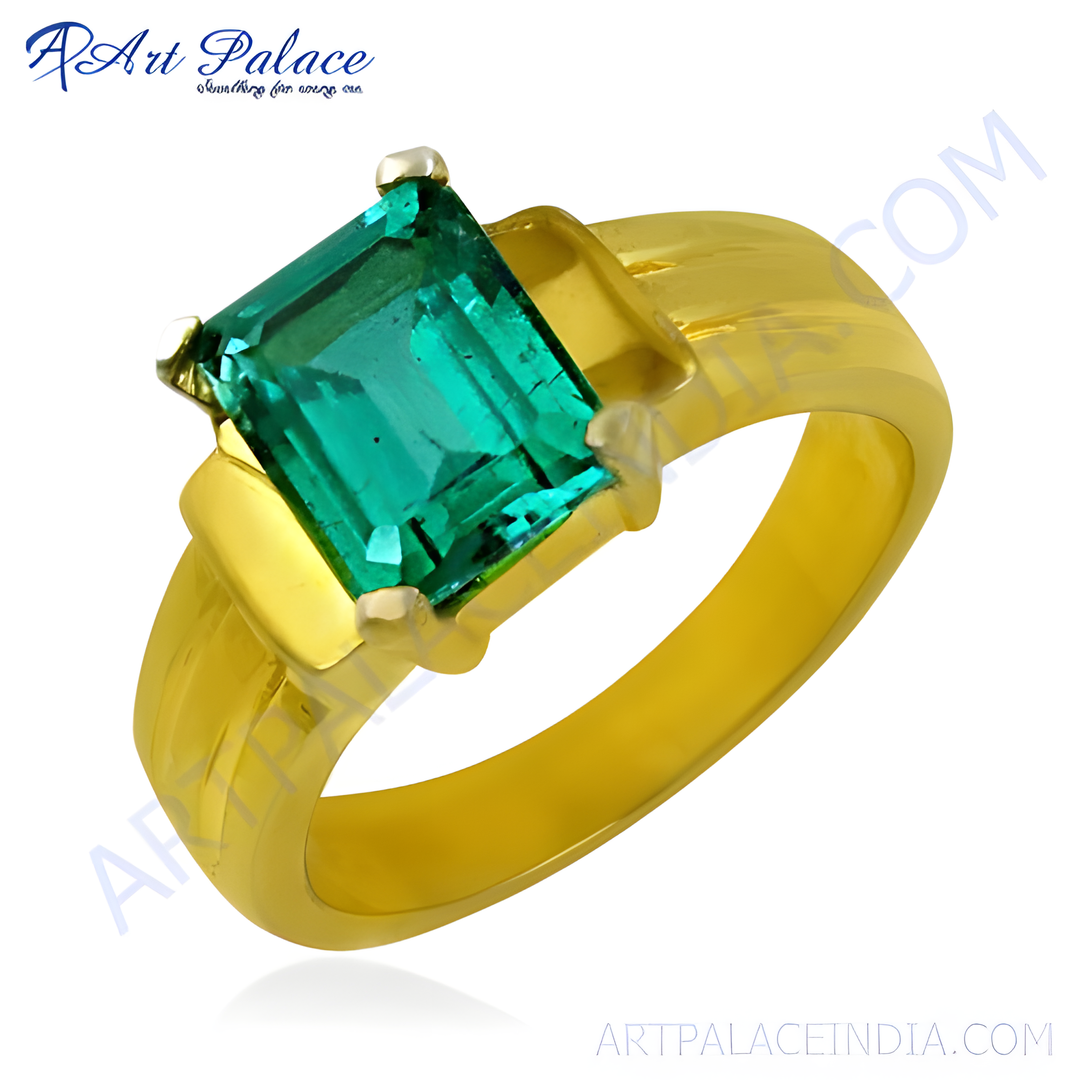 gold plating ring with a large emerald cut green gemstone, perfect for women