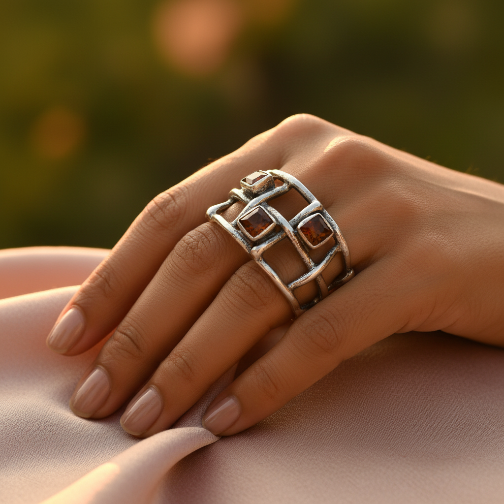 925 Silver Garnet Gemstone Ring for Women | Statement Jewelry