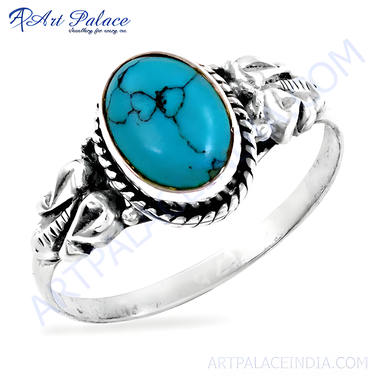 925 sterling silver turquoise gemstone ring with a floral design, blue color, for women