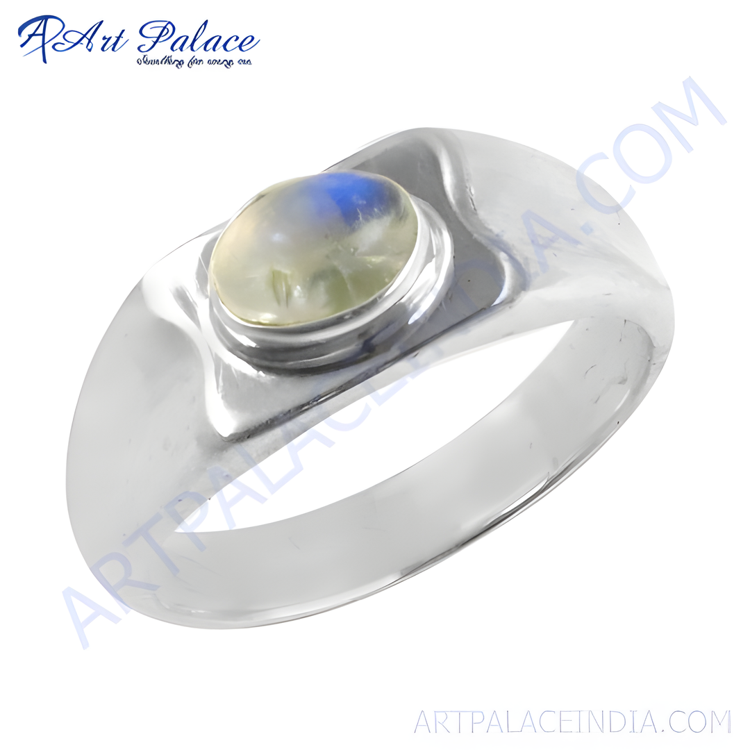 Sterling silver ring with an oval-cut moonstone gemstone, showcasing a soft blue and white color.