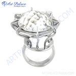 Load image into Gallery viewer, Silver statement ring with large, sparkling cubic zirconia gemstone on a white background.
