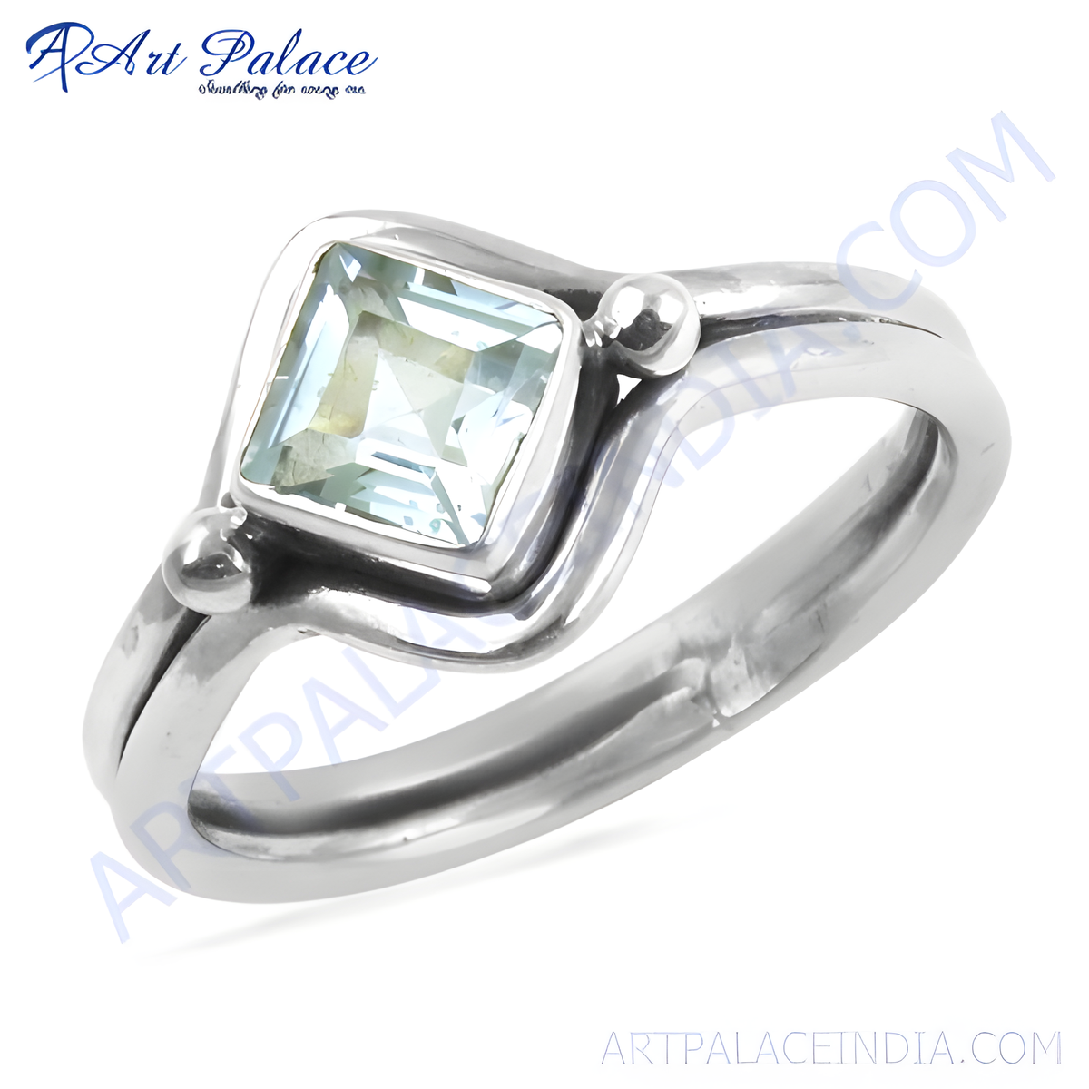 925 sterling silver ring with square aquamarine gemstone, light blue color