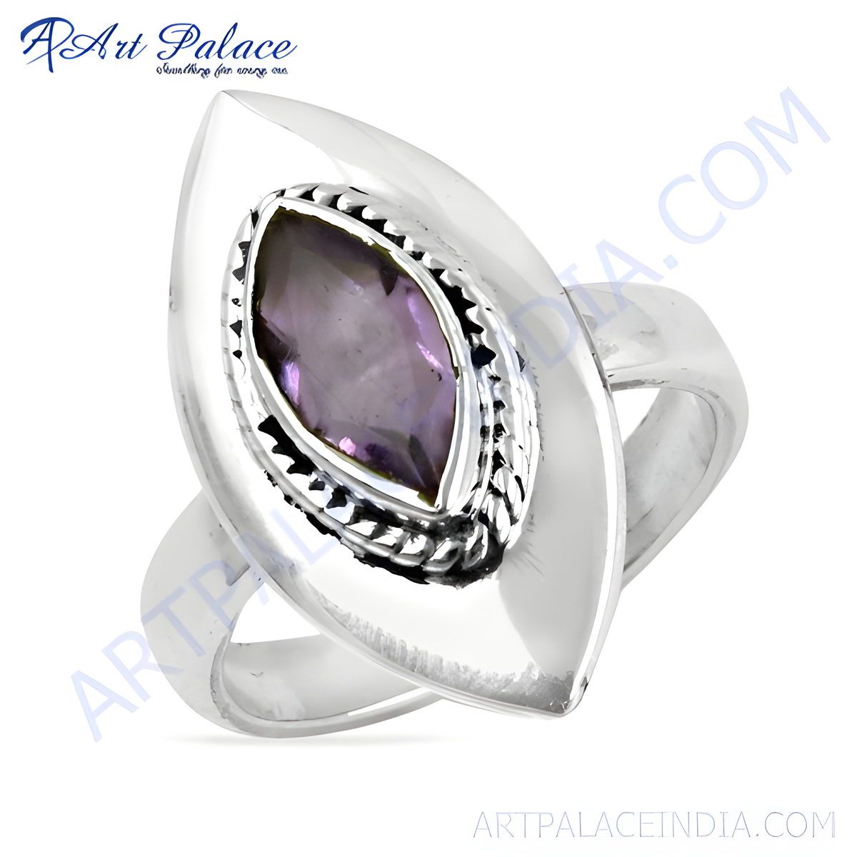 Sterling silver ring with a marquise shaped amethyst gemstone in a statement design, purple color