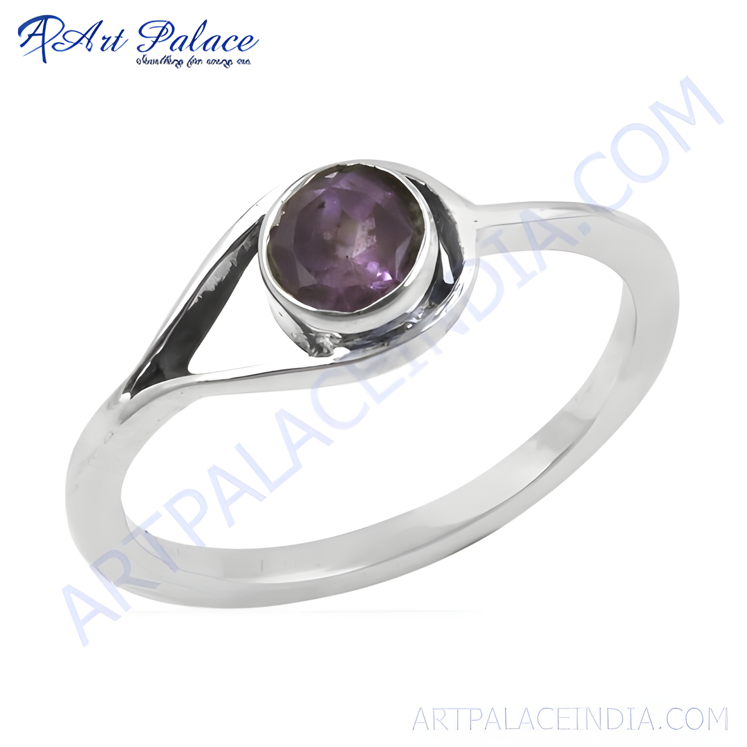 Sterling silver ring with a round purple amethyst gemstone. A beautiful piece of jewelry for women.