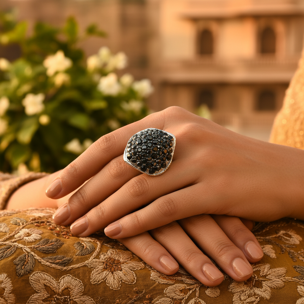 Silver Black Gemstone Ring for Women | Cocktail Ring