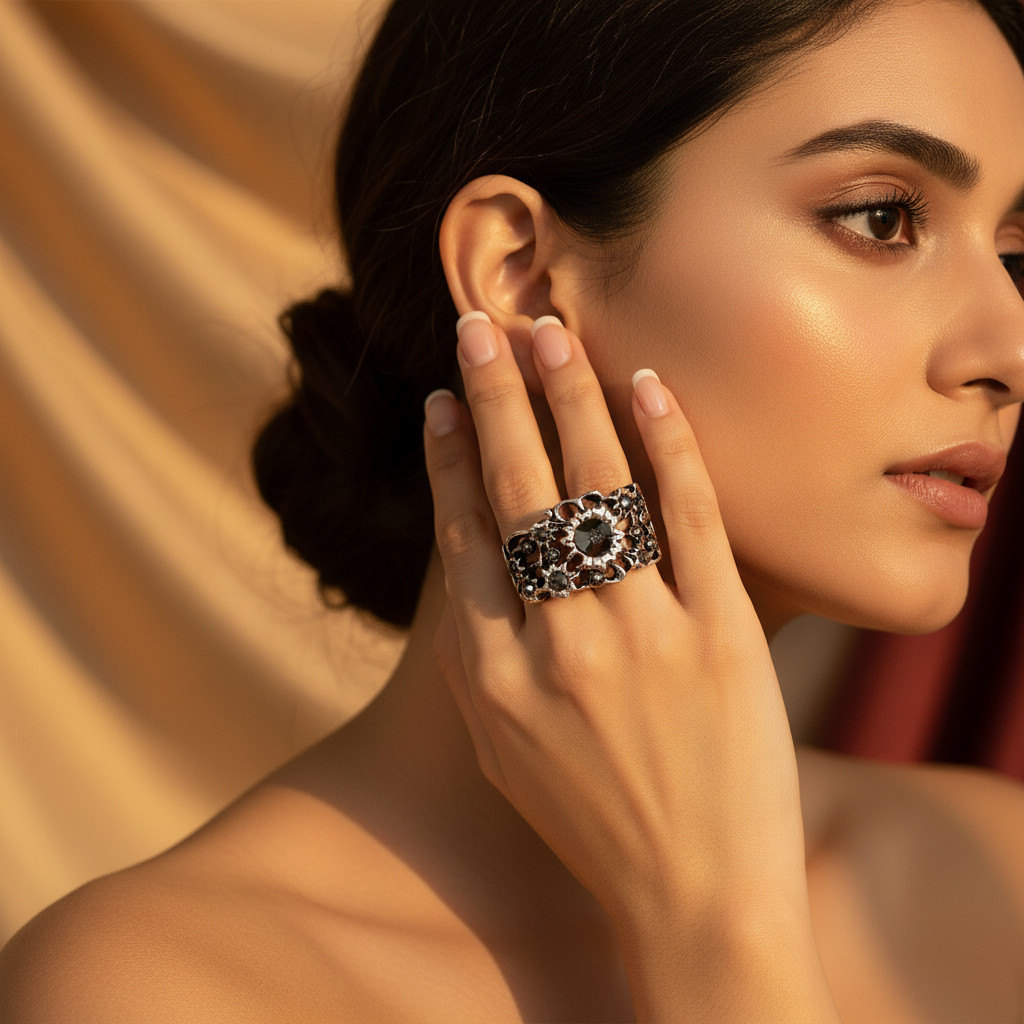 Anillo de filigrana de plata con piedra negra - Joyería llamativa