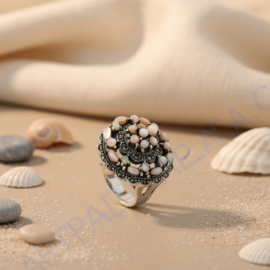 Silver cocktail ring with mother of pearl & marcasite | women's ring