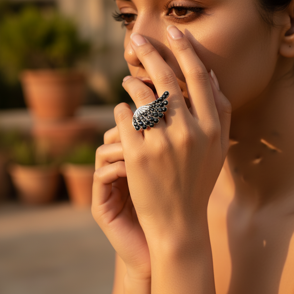 Silver Wing Ring with Black Gemstones for Women | Statement Ring