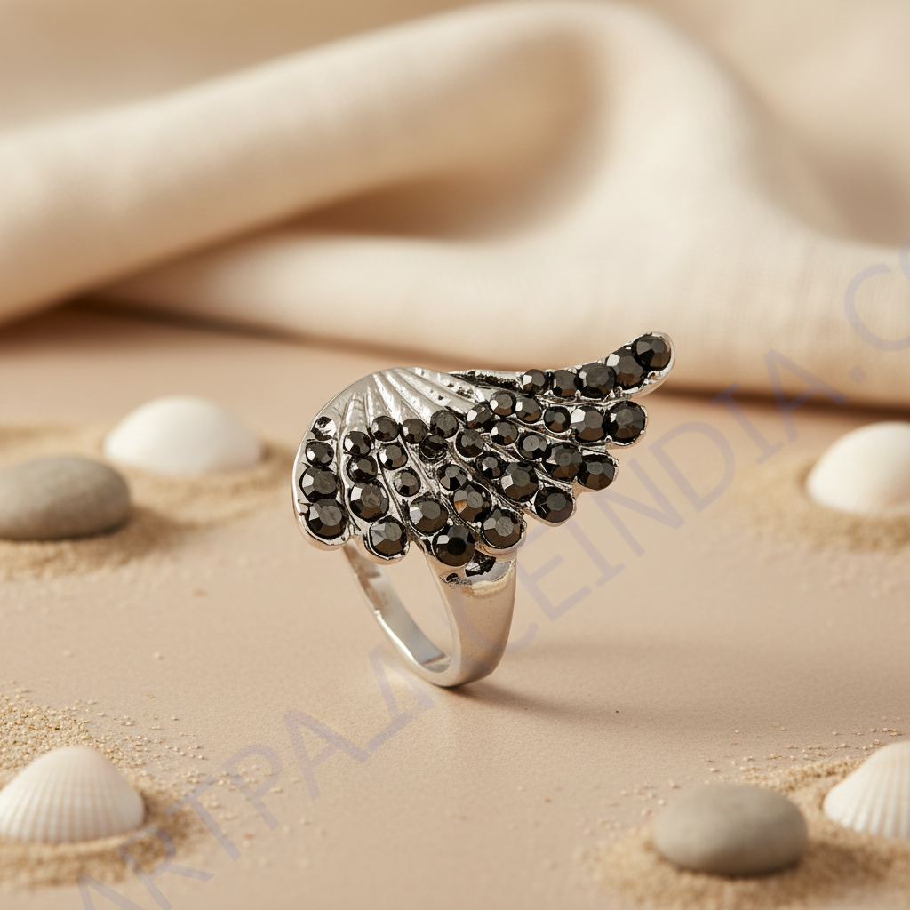 Silver Wing Ring with Black Gemstones for Women | Statement Ring