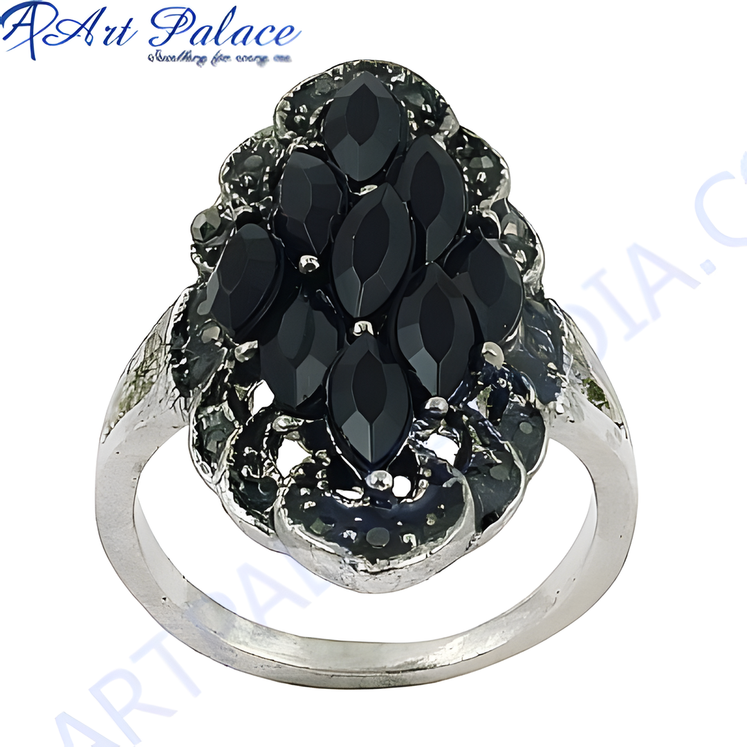 Silver cocktail ring with black onyx gemstones. Elegant black gemstone jewelry for women.