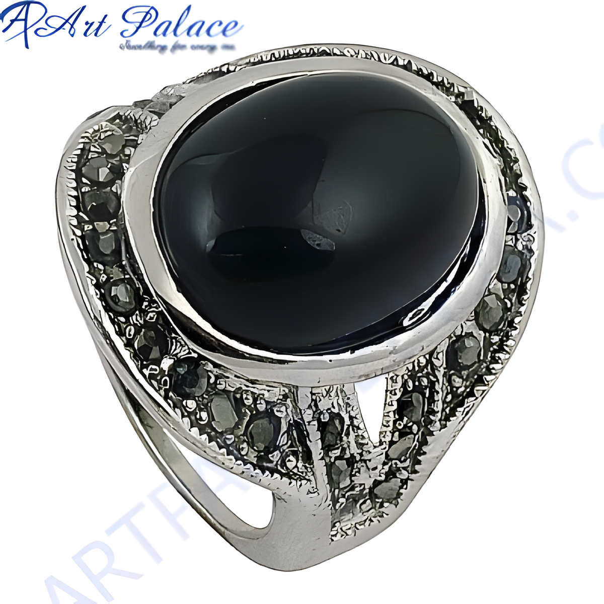 925 sterling silver cocktail ring with a large oval black onyx gemstone and marcasite accents