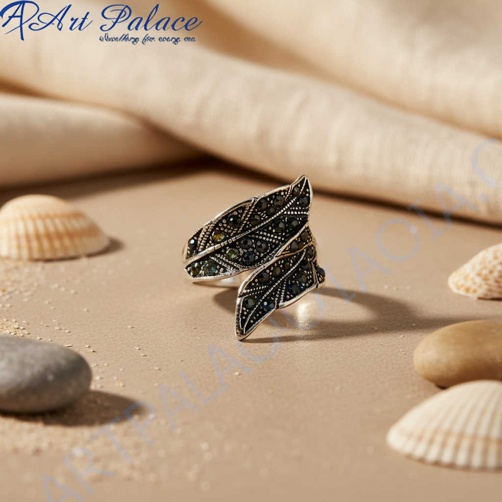 Silver Wing Ring with Black Gemstones for Women | Statement Ring