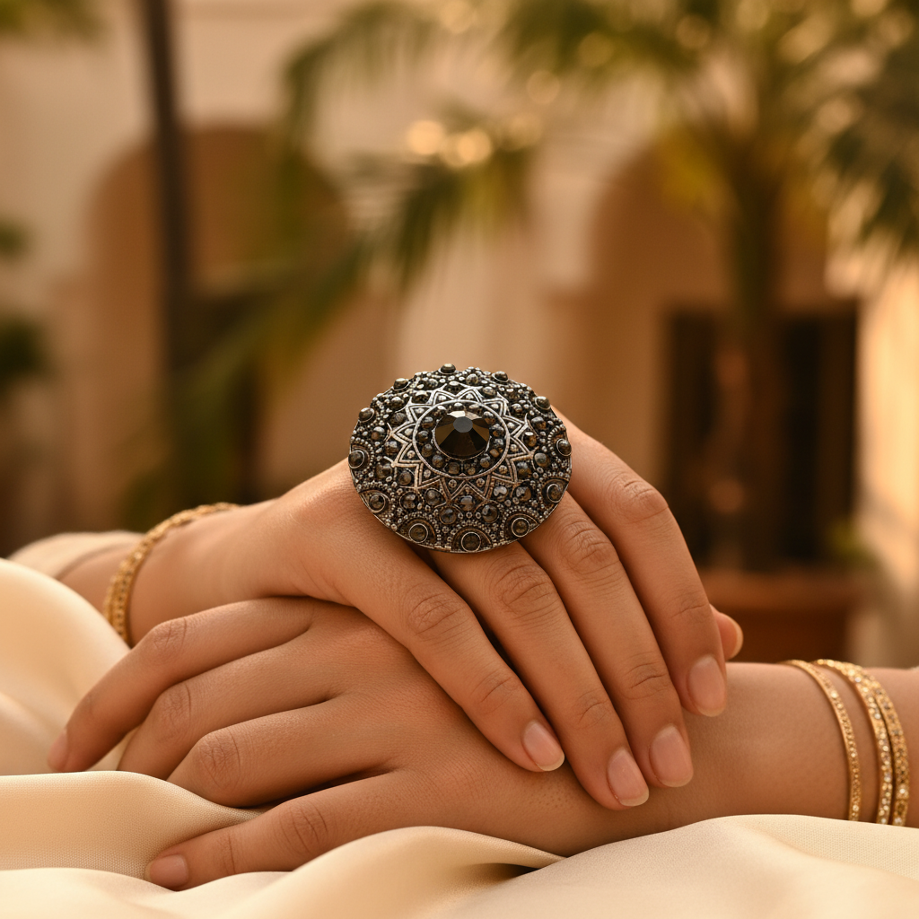 Silver Black Gemstone Cocktail Ring | Adjustable Statement Jewelry