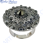 Load image into Gallery viewer, Silver adjustable cocktail ring with black gemstones. Elegant statement ring for women.
