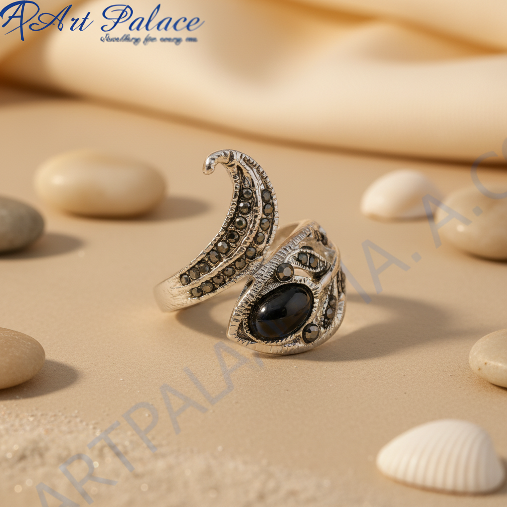 Silver Snake Ring with Black Stones for Women | Statement Jewelry