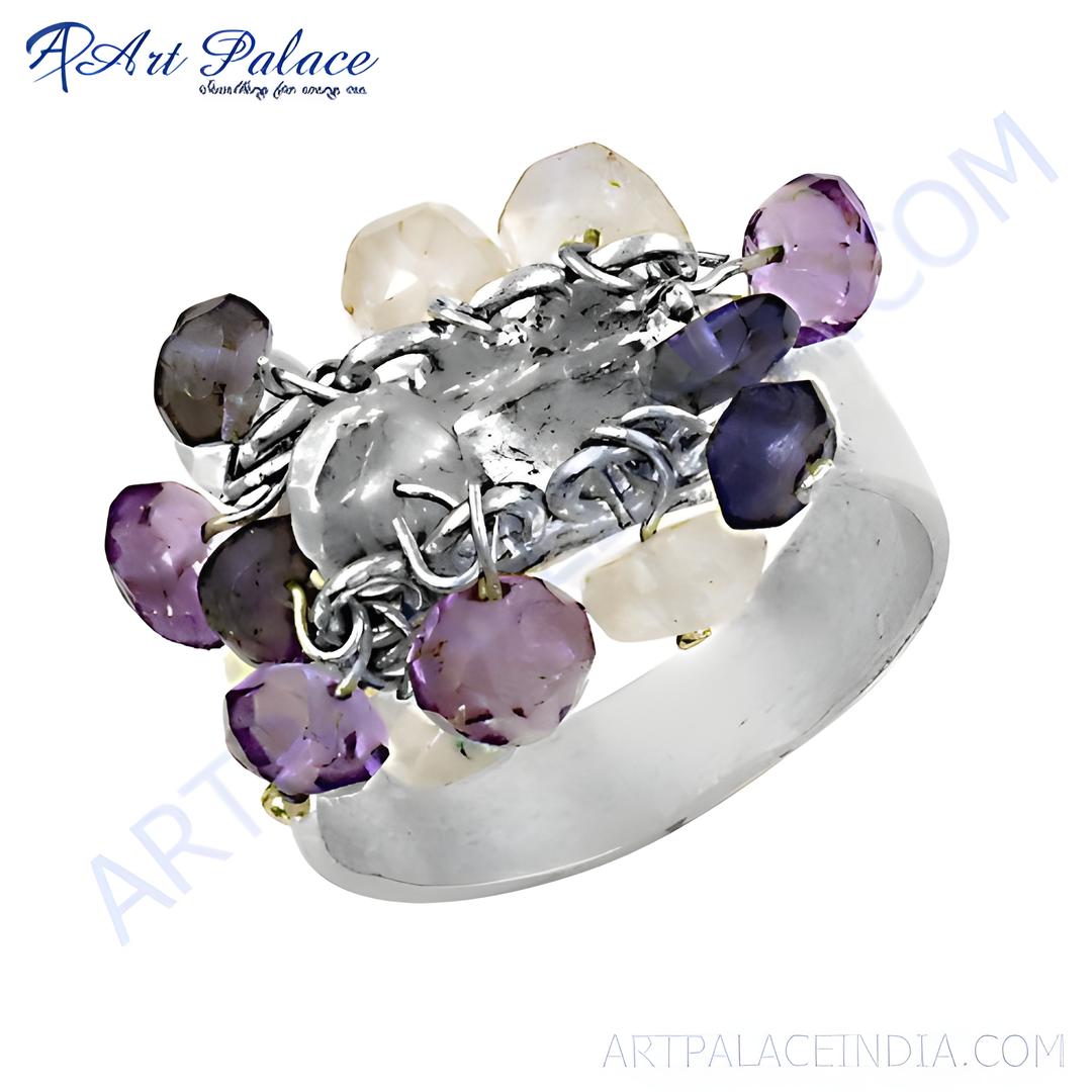 Sterling silver cocktail ring with amethyst and moonstone gemstones