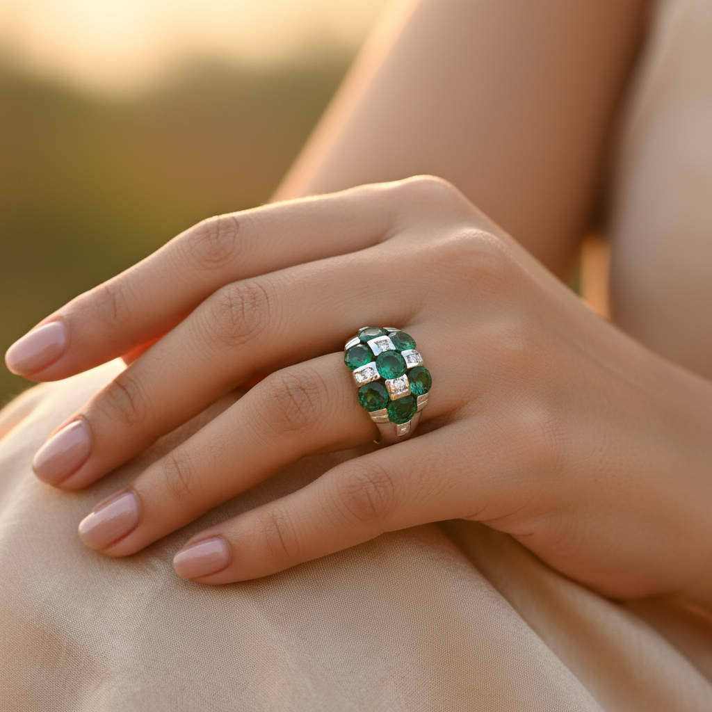 Anillo de esmeralda y diamantes para mujer | joyería de plata de ley