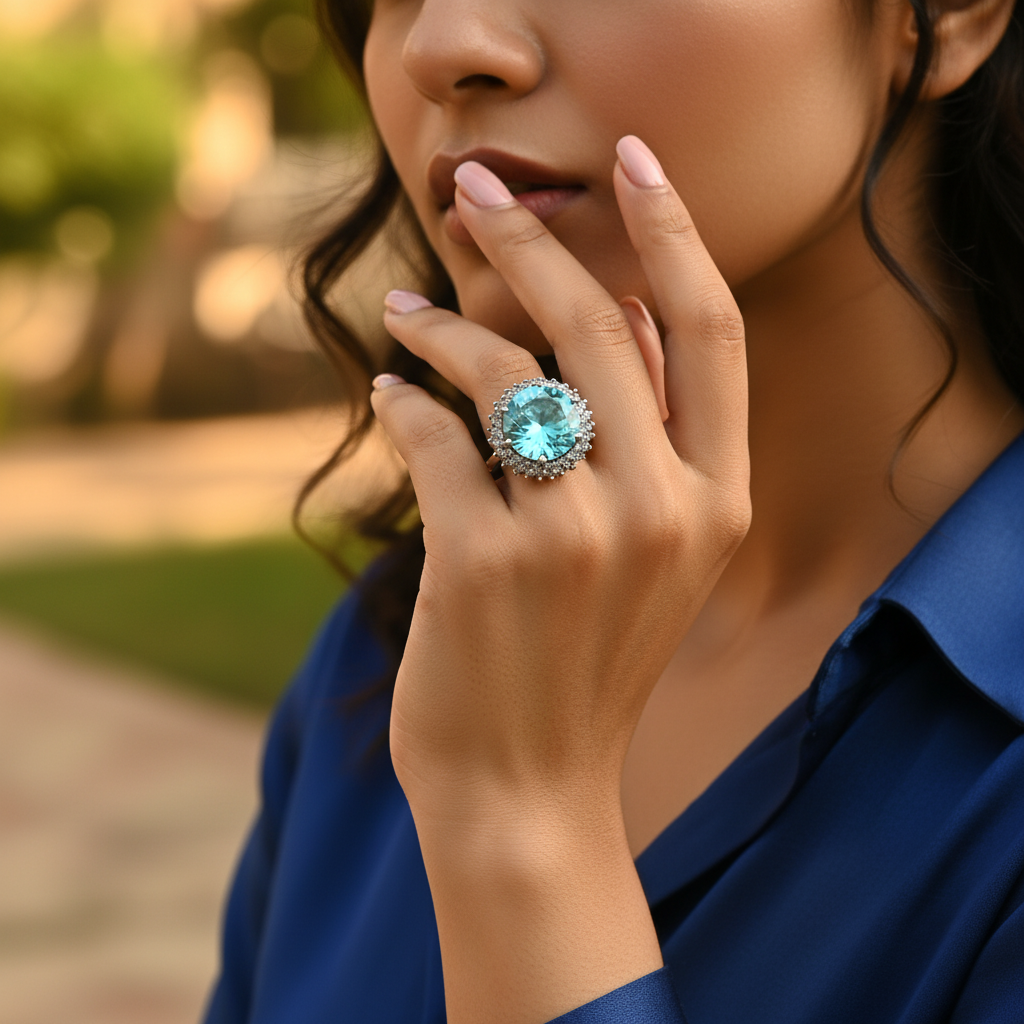 Anillo de plata con halo de aguamarina para mujer | Joyería con piedras preciosas