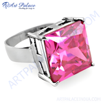 Load image into Gallery viewer, Silver ring with a large, square-cut pink gemstone for women.
