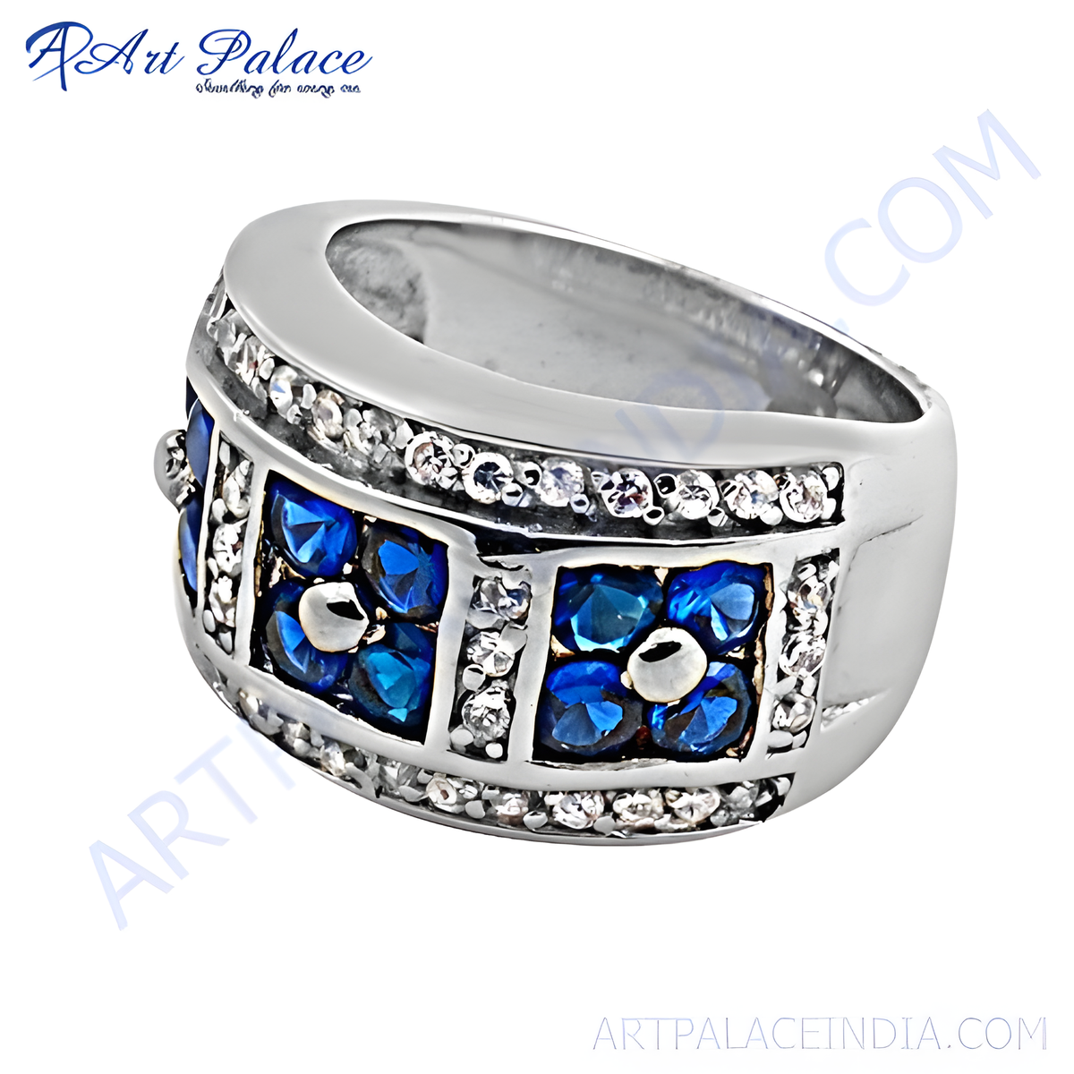 Sterling silver ring with blue sapphire and white cubic zirconia gemstones in a floral design
