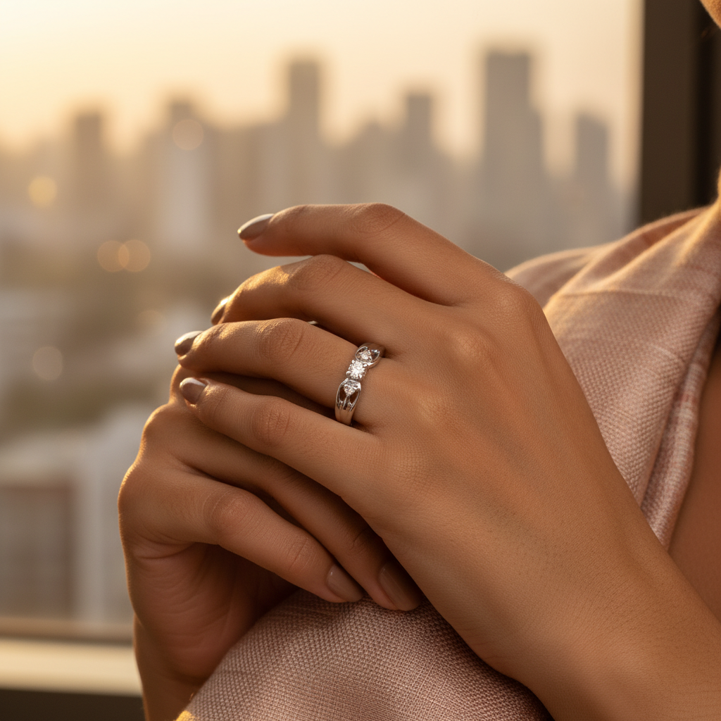 Silver Three Stone Ring for Women | Diamond Ring Gift