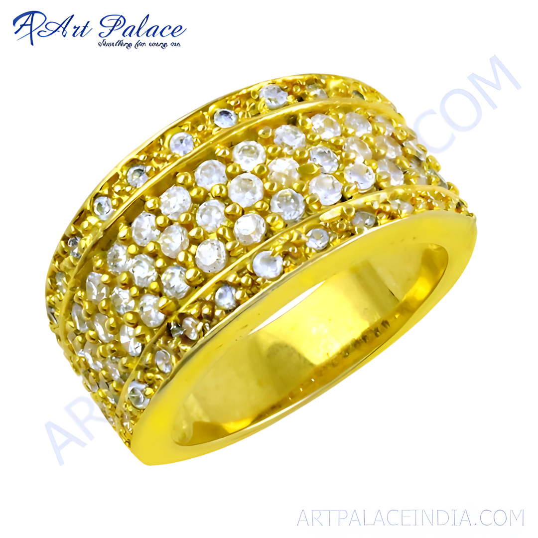 gold plating ring with white gemstones. Pave-set cocktail ring with a polished gold plating band. Ideal for women.
