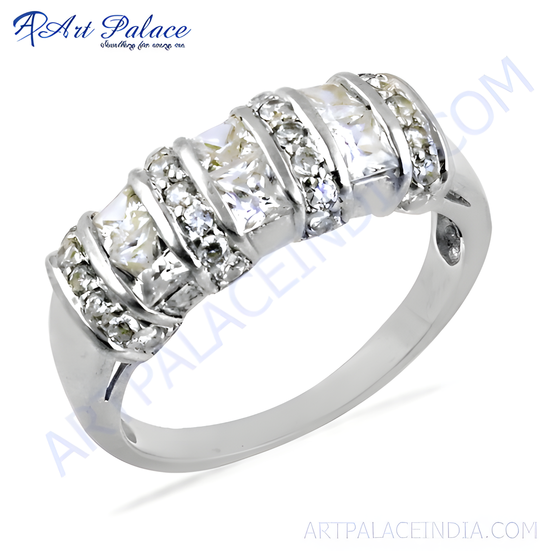 Sterling silver ring with square-cut clear cubic zirconia gemstones