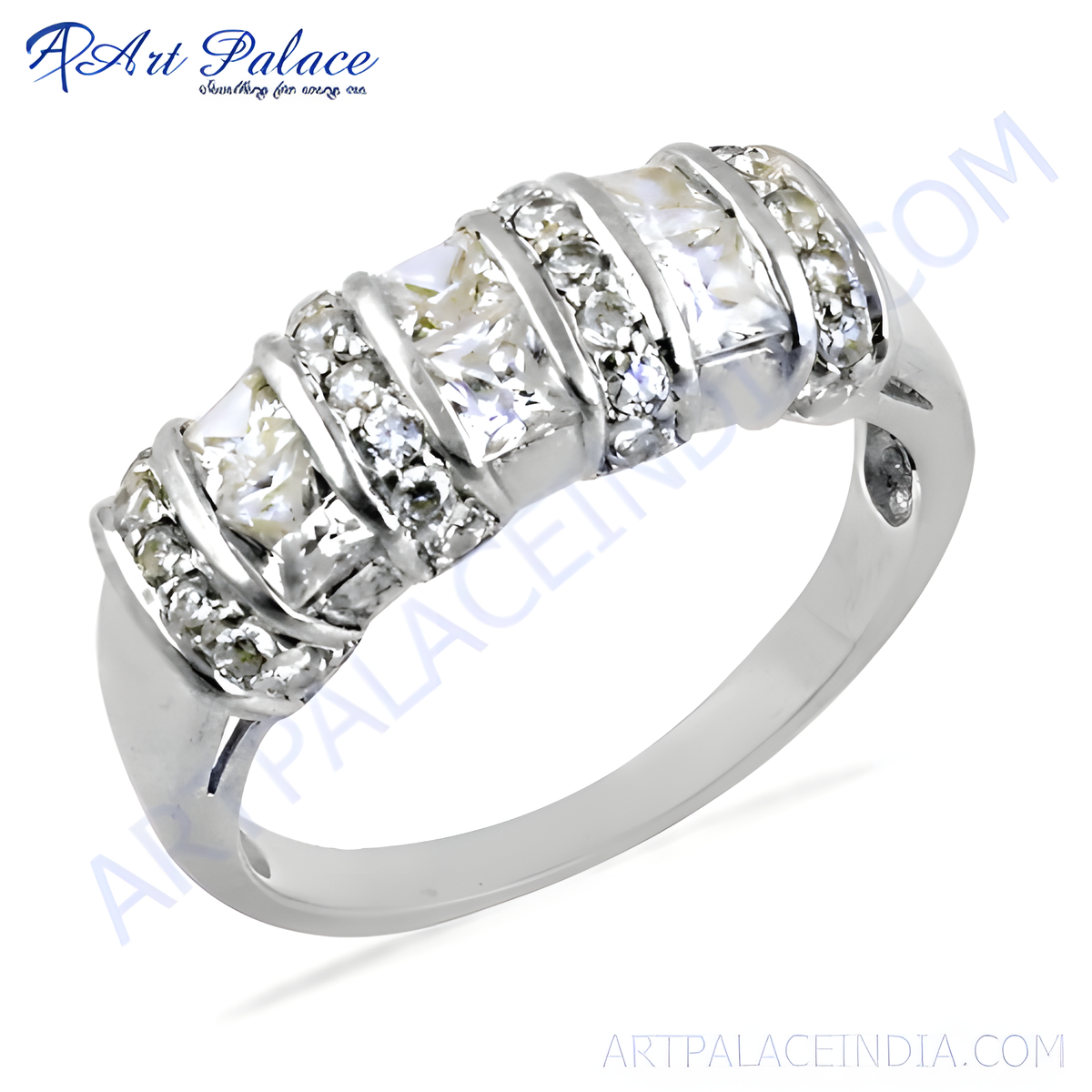 Sterling silver ring with square cut clear cubic zirconia gemstones