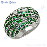 Load image into Gallery viewer, Sterling silver cocktail ring with round-cut, vibrant green gemstones, perfect for special occasions or daily wear.
