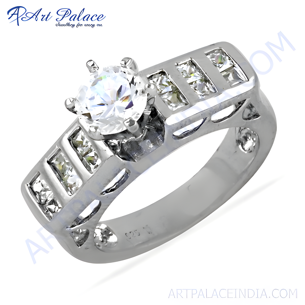 925 sterling silver ring with a large, round cubic zirconia center stone and sparkling accents