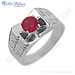 Load image into Gallery viewer, Sterling silver men&#39;s signet ring with a vibrant red ruby gemstone centerpiece.
