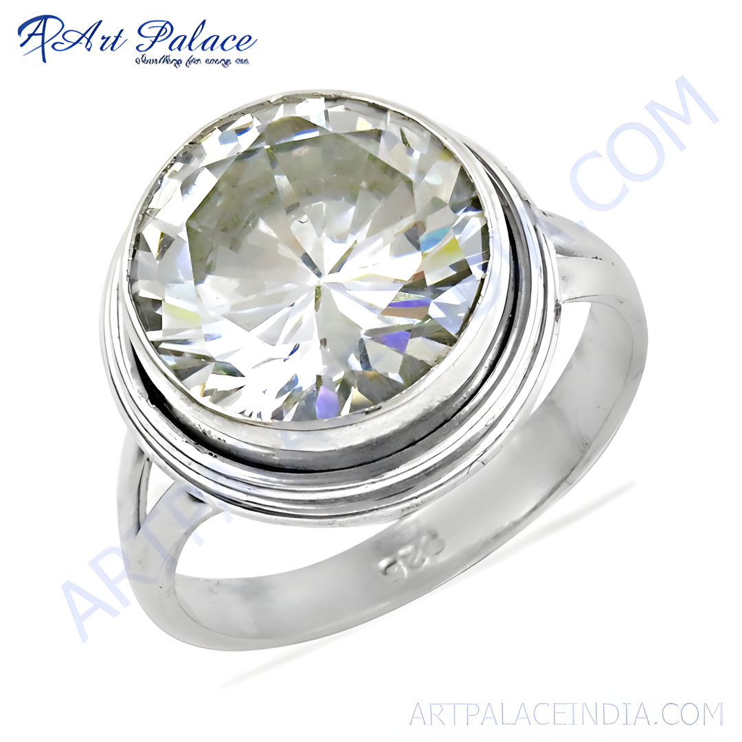 925 sterling silver ring with a large, round-cut cubic zirconia center stone, sparkling white