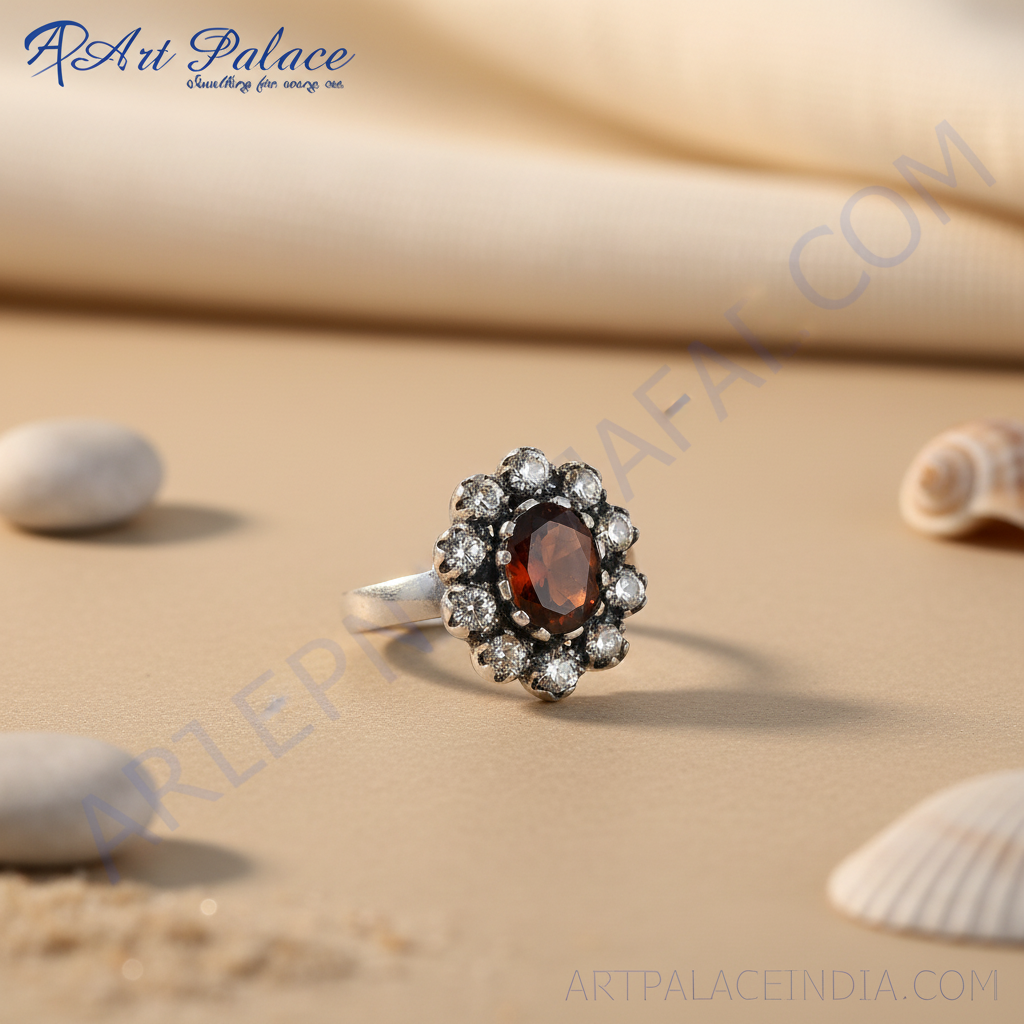 Anillo de plata con granate para mujer | diseño floral | regalo