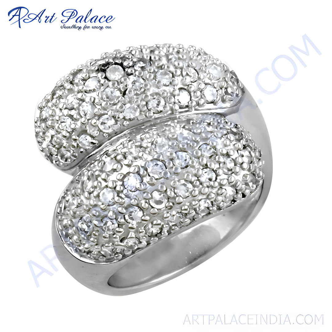 Sterling silver statement ring with pave-set white cubic zirconia stones, perfect for women.