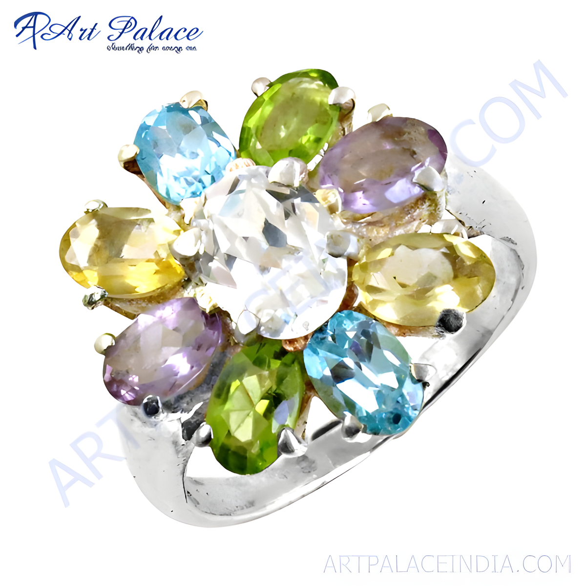 Sterling silver flower ring with multi colored gemstones, blue, green, yellow, and purple stones