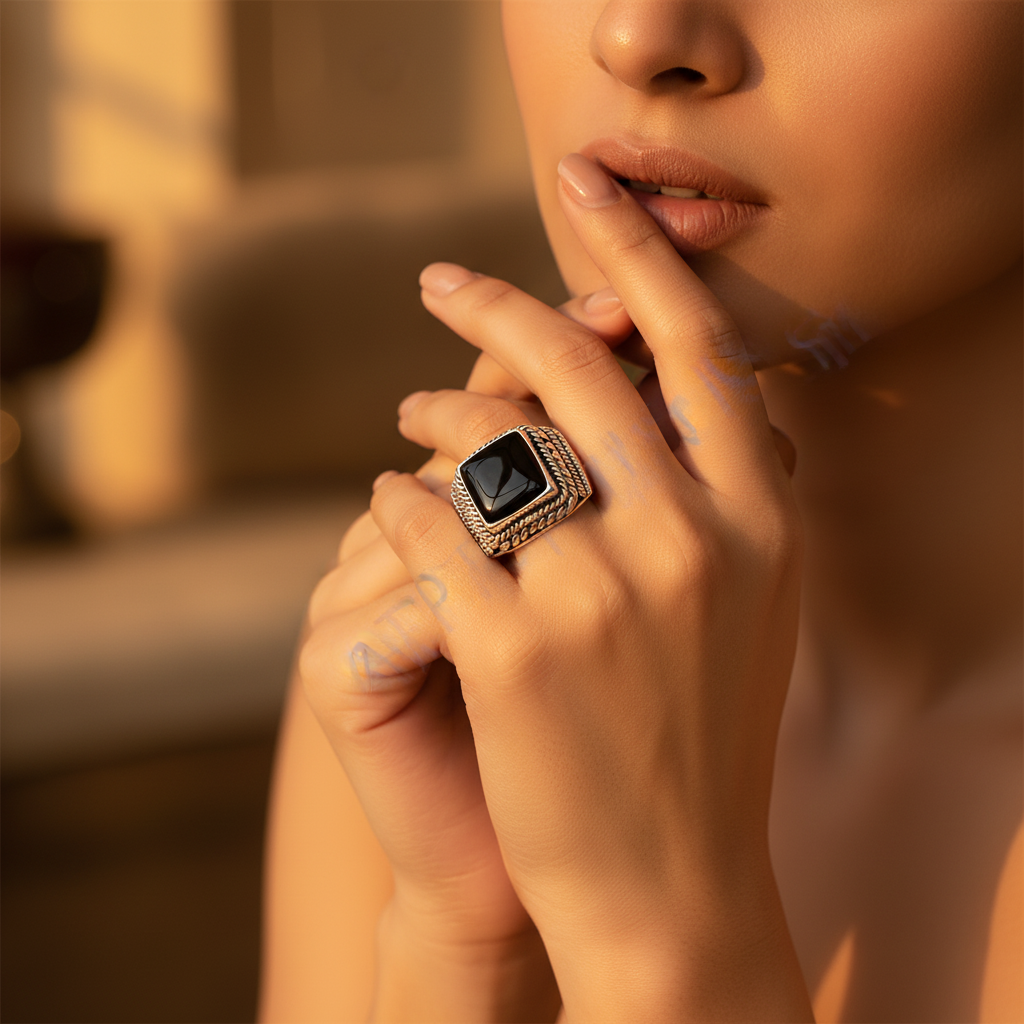 925 Sterling Silver Onyx Ring for Men | Square Stone Jewelry